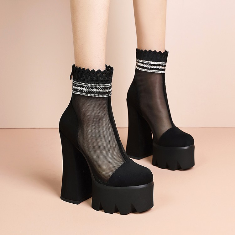 Black Suede High Heel Platform Sandal Boots for Women