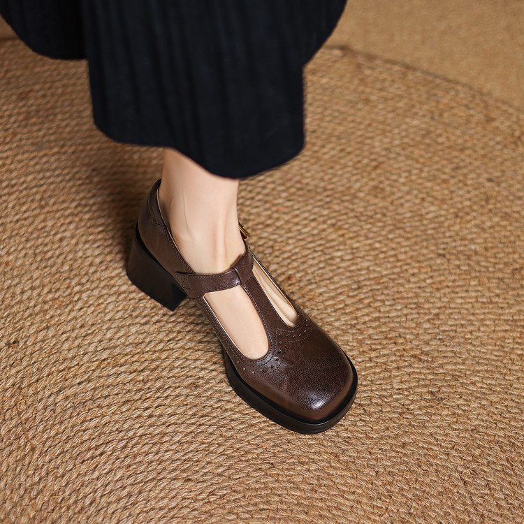 Women's Retro High Heel Pumps Round Toe Buckle Strap Sheepskin Shoes