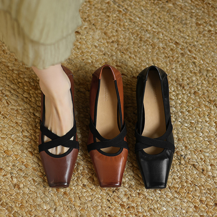 Women's Leather Flat Shoes Spring 2025 Round Toe Chunky Mid Heel
