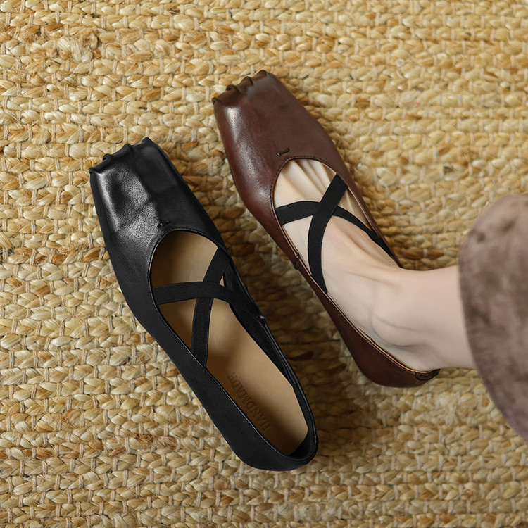 Women's Brown Black Leather Flat Shoes Spring 2025