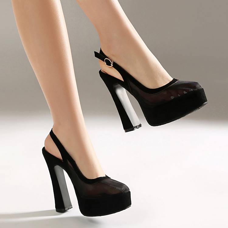 Women's Round Toe Chunky Heel Sandals in Black Suede