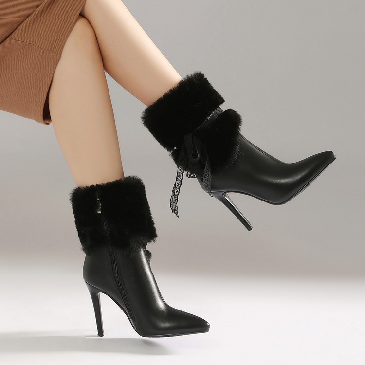 Fashion Pointed Toe Stiletto Heel Ankle Boots with Bow and Side Zipper