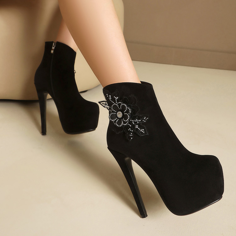 Women's Fashion Ankle Boots with Rhinestone Embroidered Floral Detail and Side Zipper - Image 5