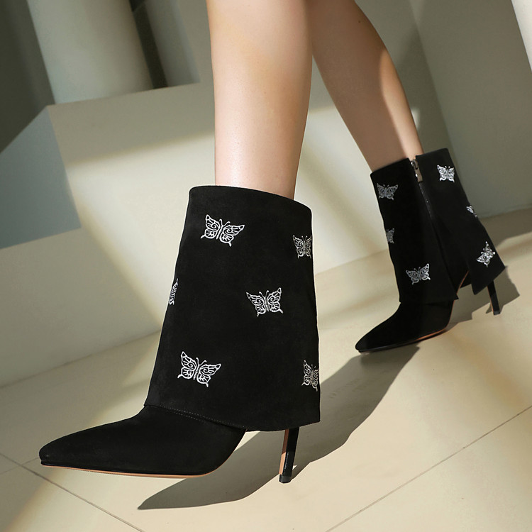 Women's Fashion Mid-Calf Boots with Embroidered Bow and Super High Stiletto Heel
